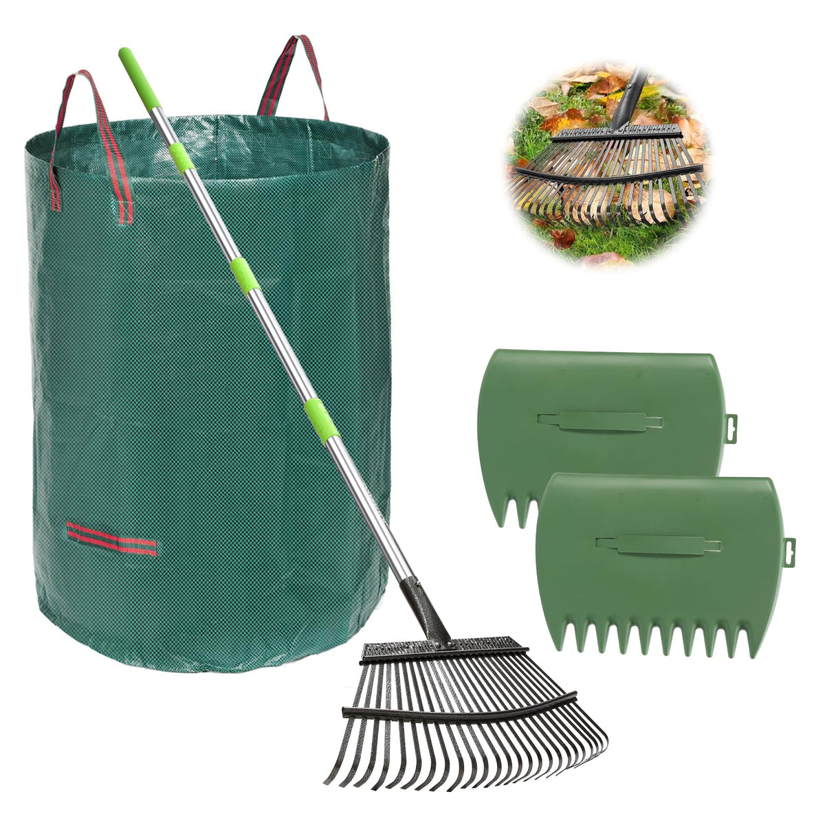 joyhalo 65 Inch Leaf Rake Set with green rake and scoops