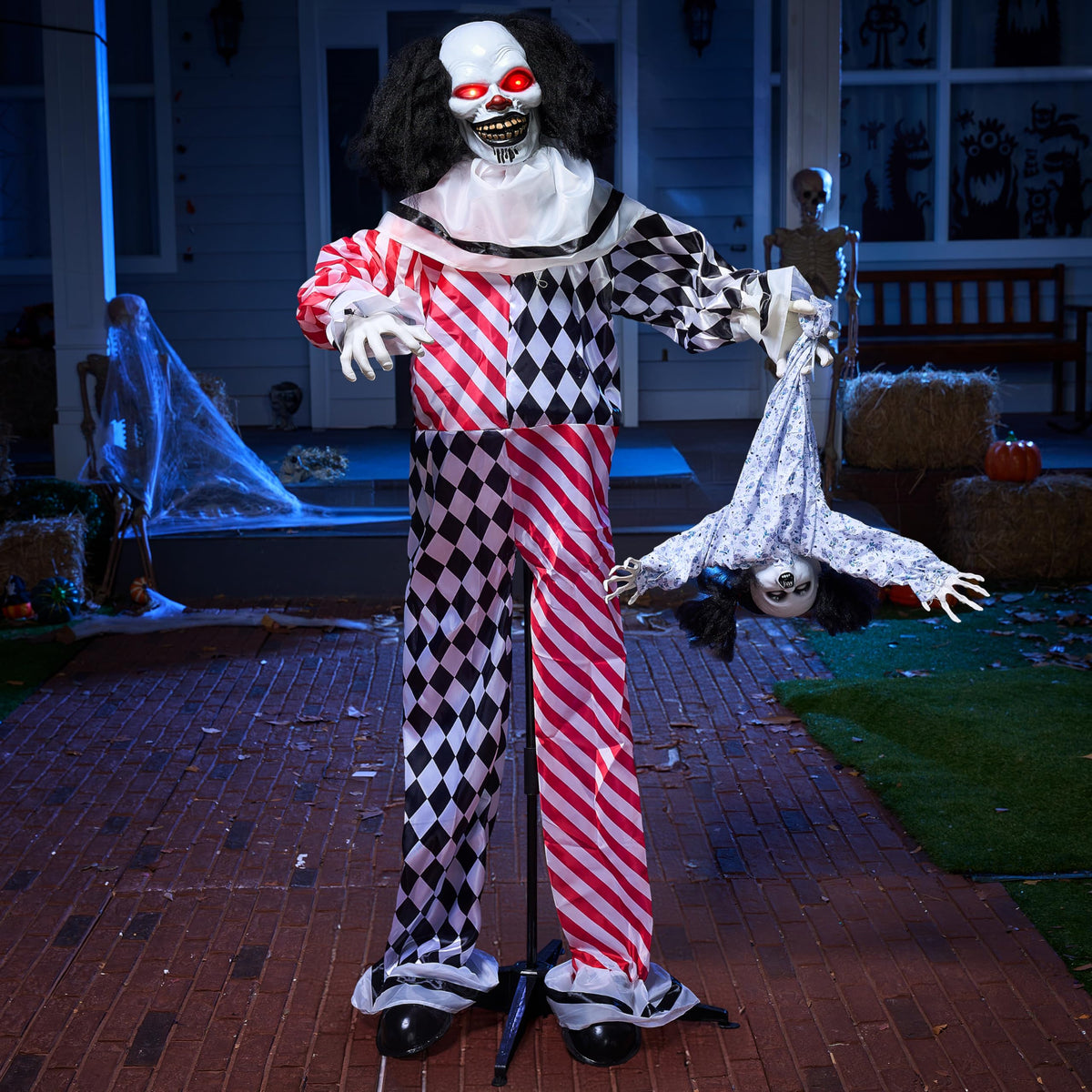 JOYIN 64" Halloween Animatronics Clown Holding Doll front view