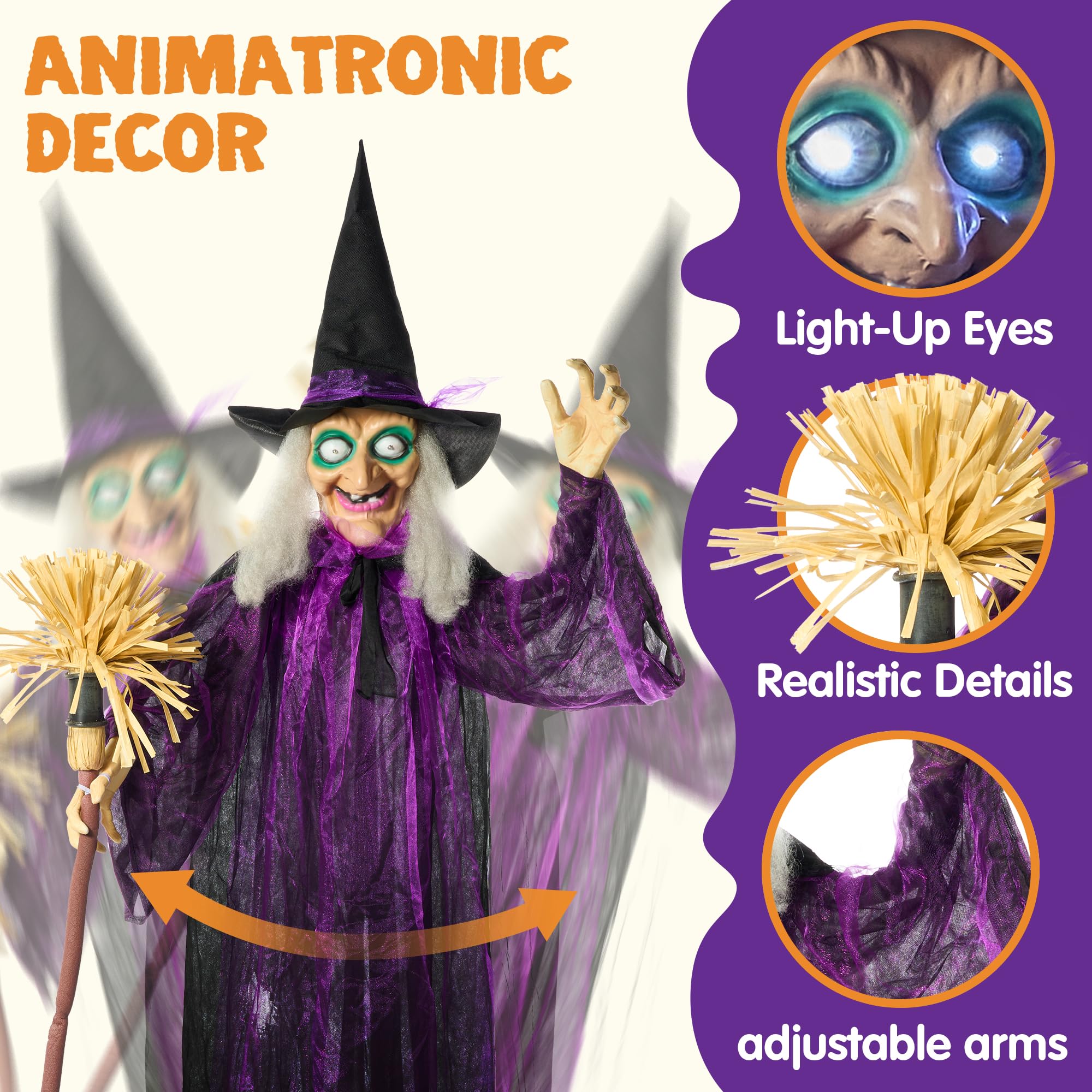 JOYIN 72-inch Animated Witch side view showcasing spooky details