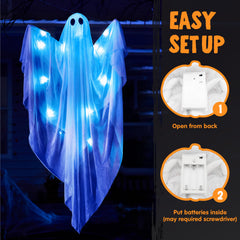 JOYIN ghost decoration with blue LEDs glowing at night
