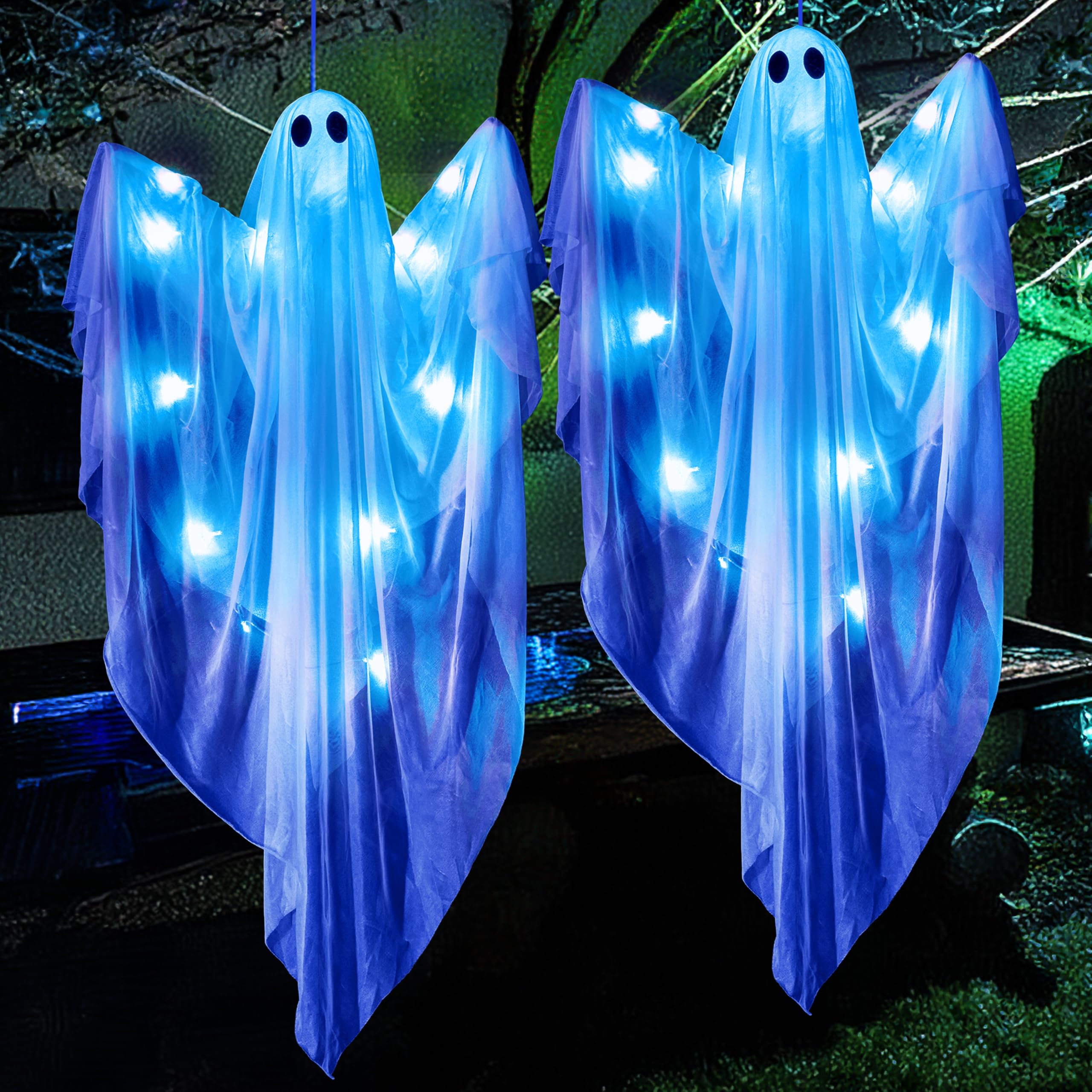 JOYIN ghost decorations illuminating a Halloween party scene