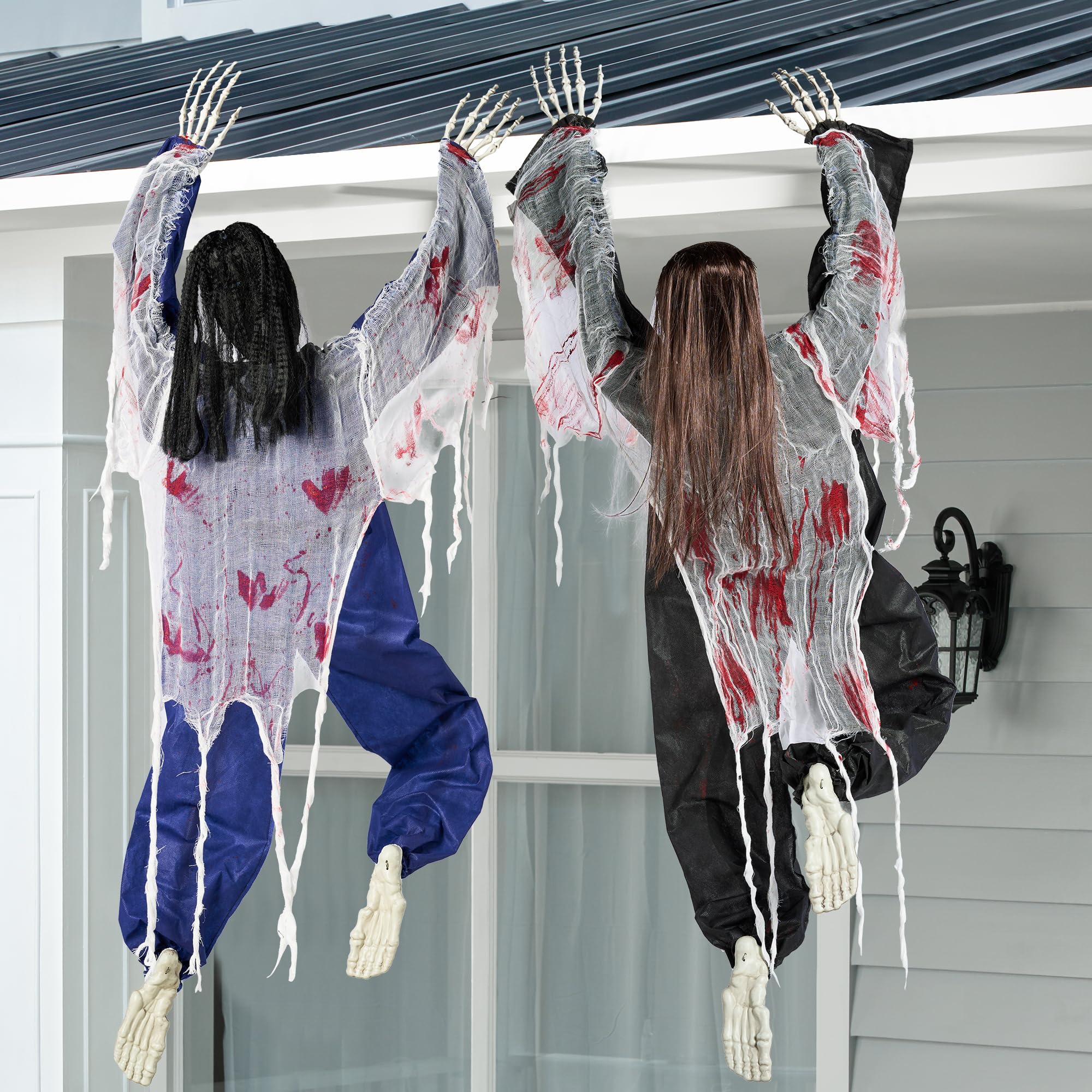 JOYIN Halloween Climbing Zombie Wall Decoration front view with realistic clothes