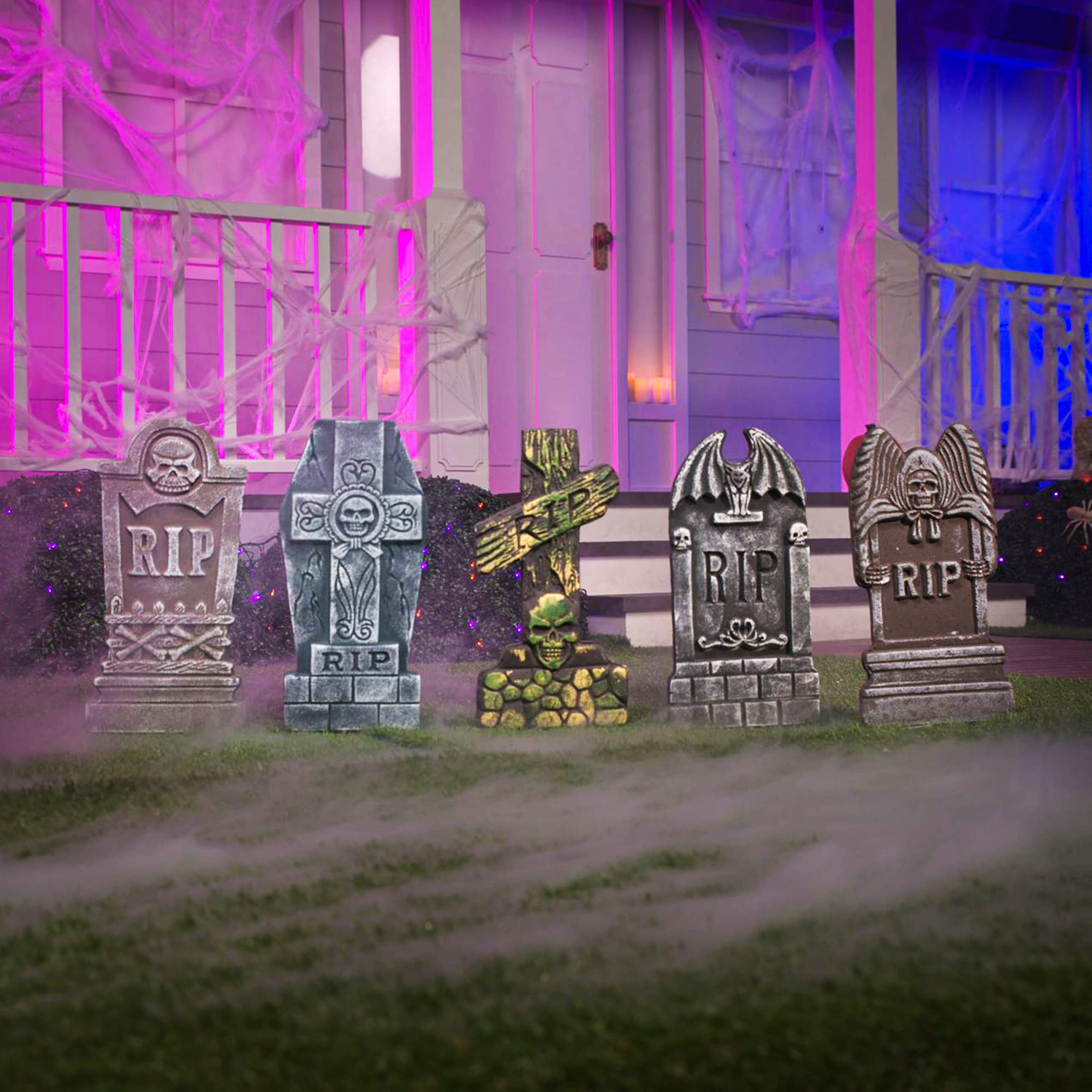 JOYIN Halloween Foam Tombstones arranged in a yard