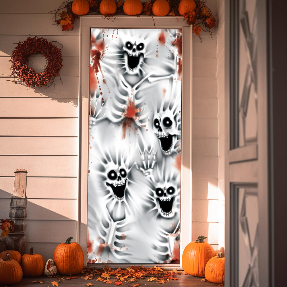 JOYIN skeleton door cover in a festive Halloween setup