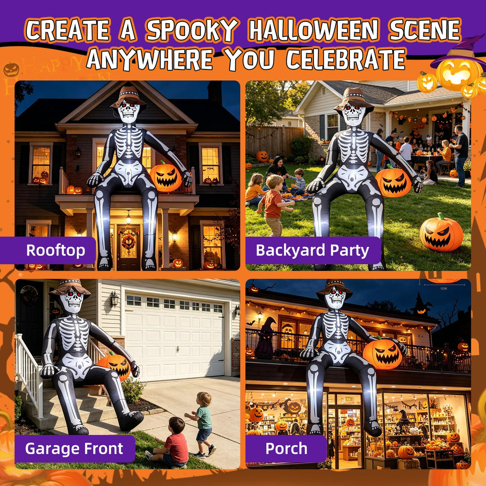 JoyParcel 10FT Sitting Skeleton illuminated at night