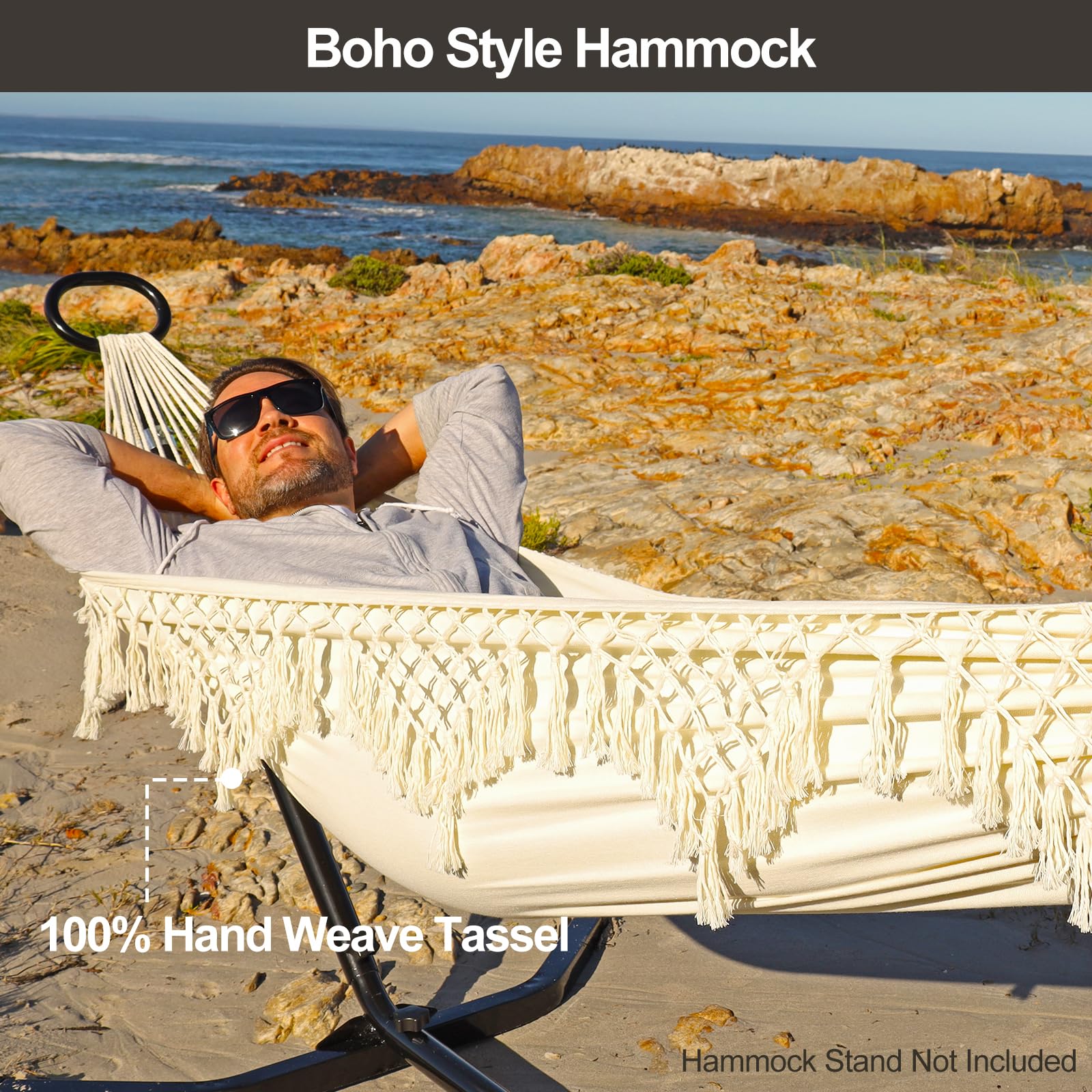 JoyView Boho Macrame Hammock side view showcasing fabric texture