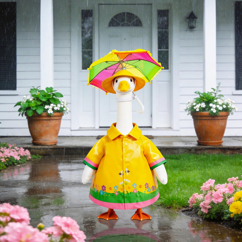 Joyxzacp raincoat outfit displayed on a standard 23-inch lawn goose statue