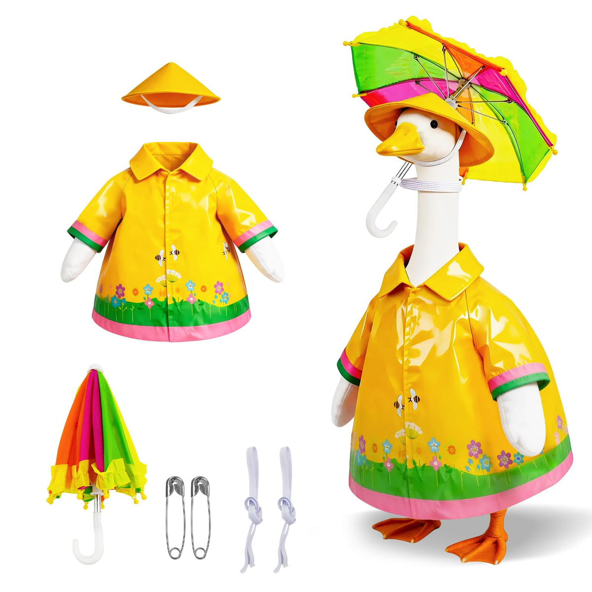 Joyxzacp raincoat outfit for goose with yellow raincoat and rainbow umbrella