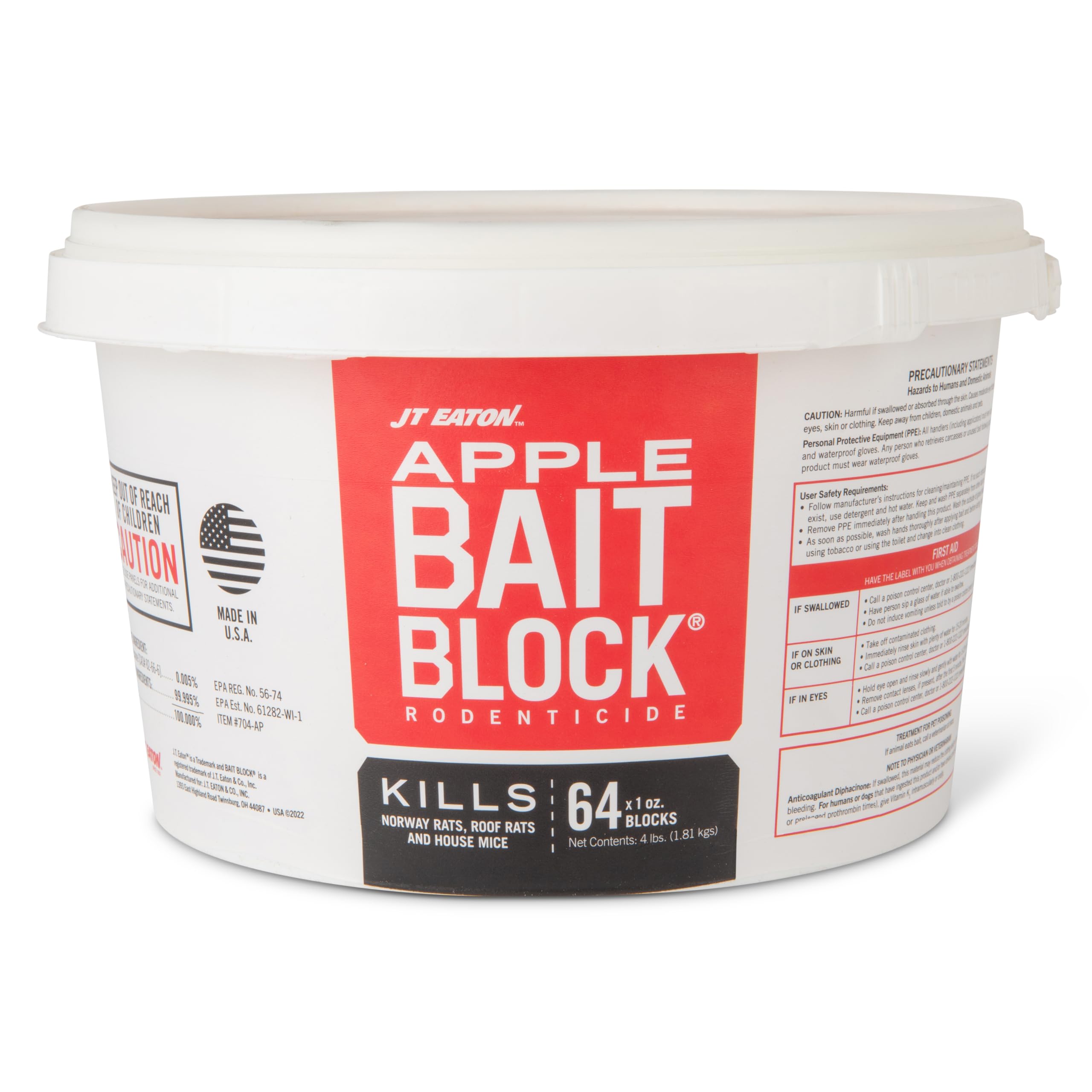 JT Eaton Bait Block Apple Flavor Rodenticide 4 lb pail front view