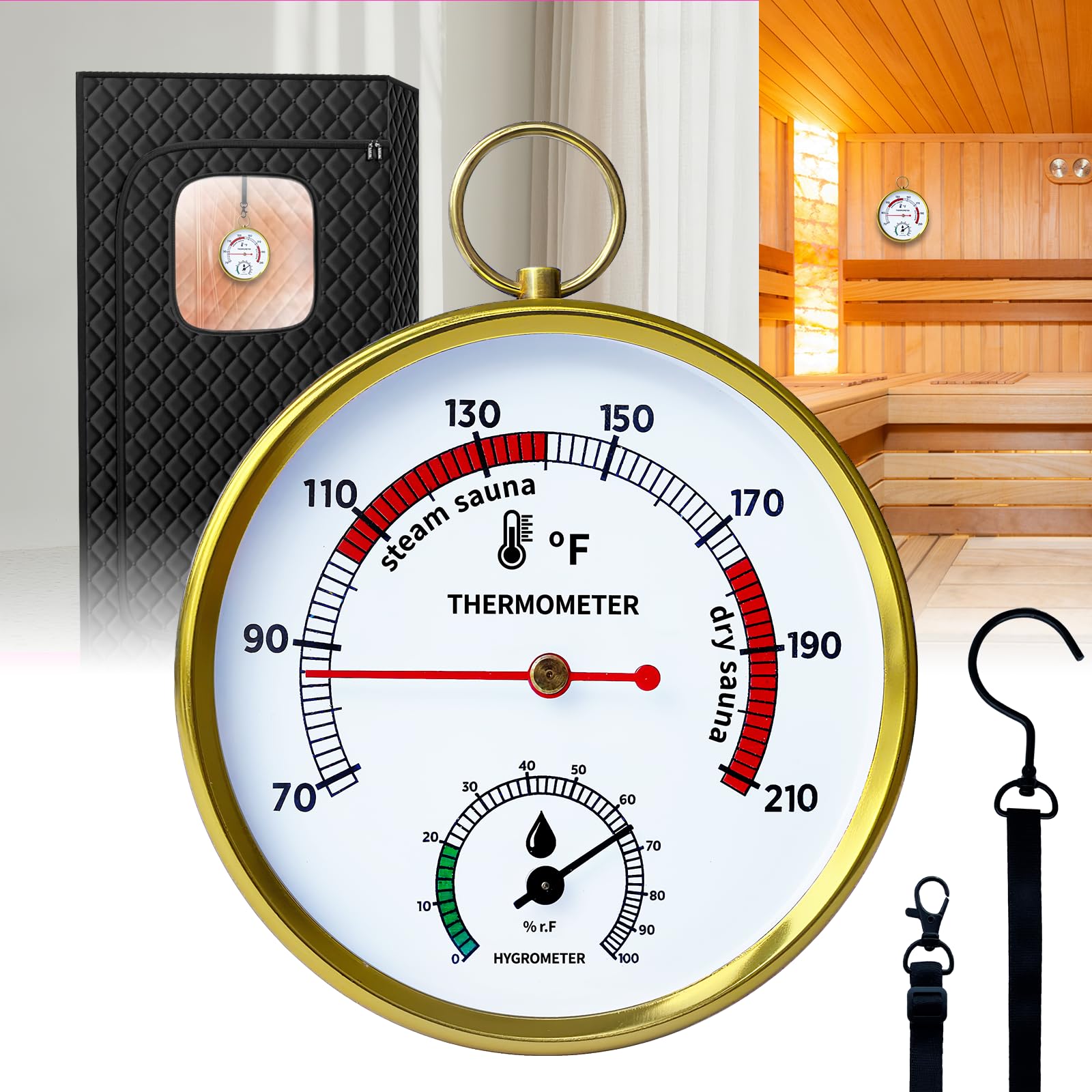 Judkoir Sauna Thermometer and Hygrometer front view with clear dial