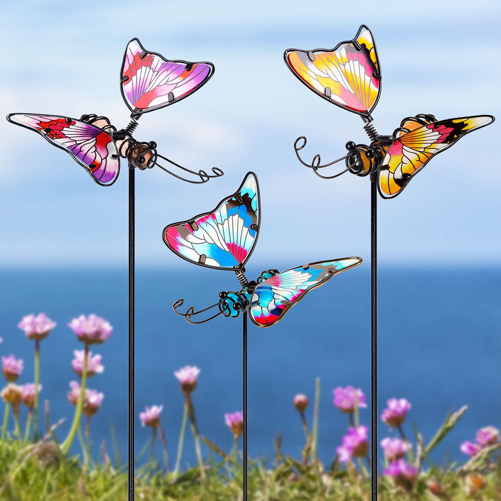 Juegoal 20 inch butterfly garden stake with colorful glass wings