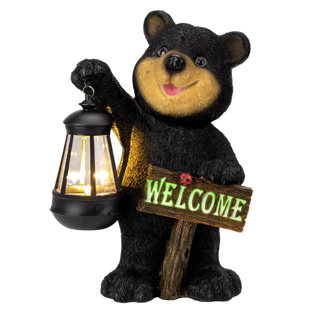 Juegoal Garden Bear Statue holding a solar lantern and welcome sign, front view