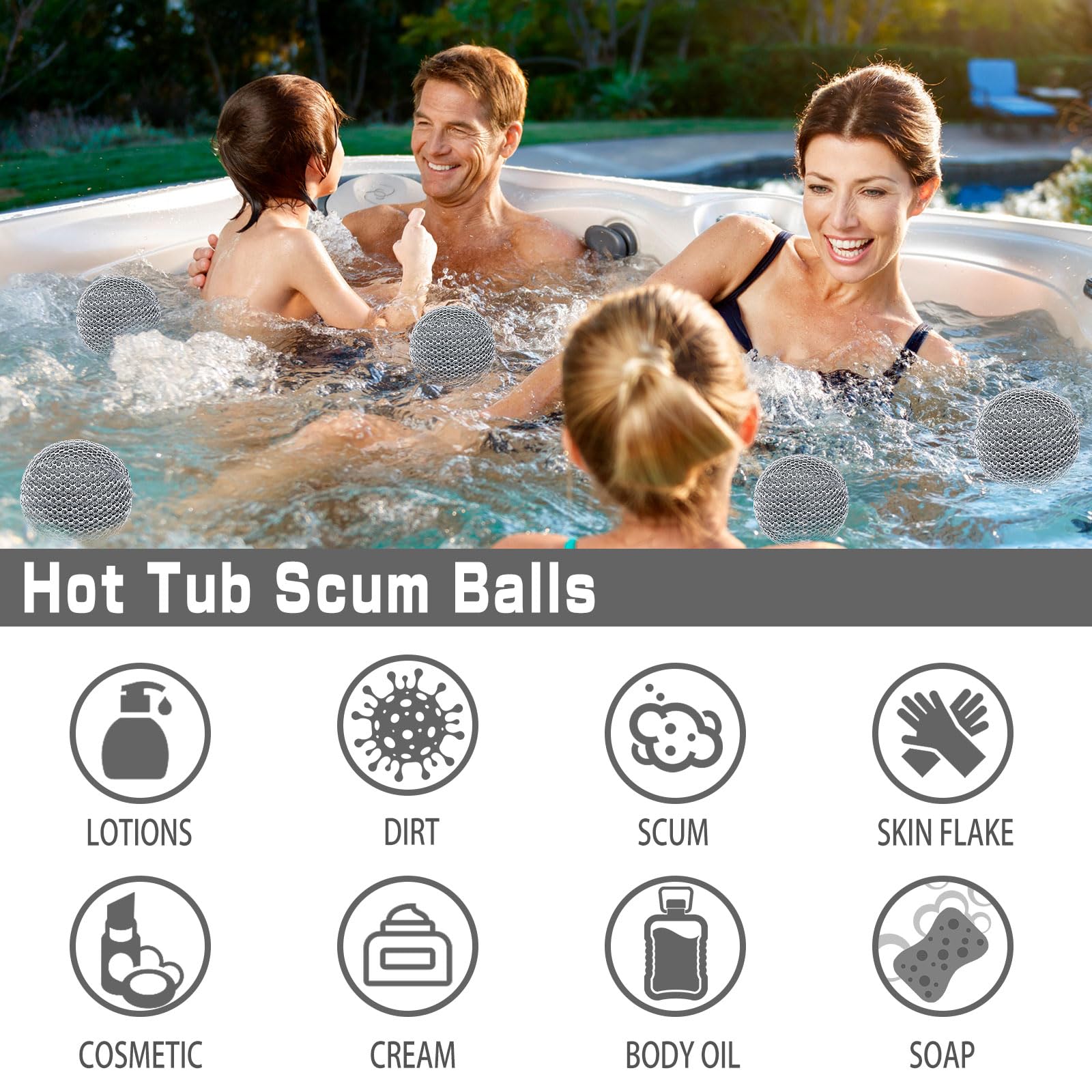 JULMELON scum absorber balls floating in a hot tub