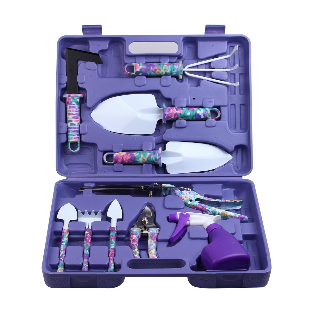 JUMPHIGH 10-piece gardening tools set with floral print, purple carrying case