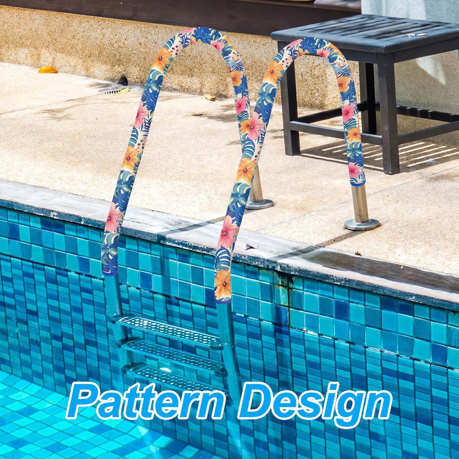 Junkin pool handrail cover displayed with vibrant hibiscus flowers