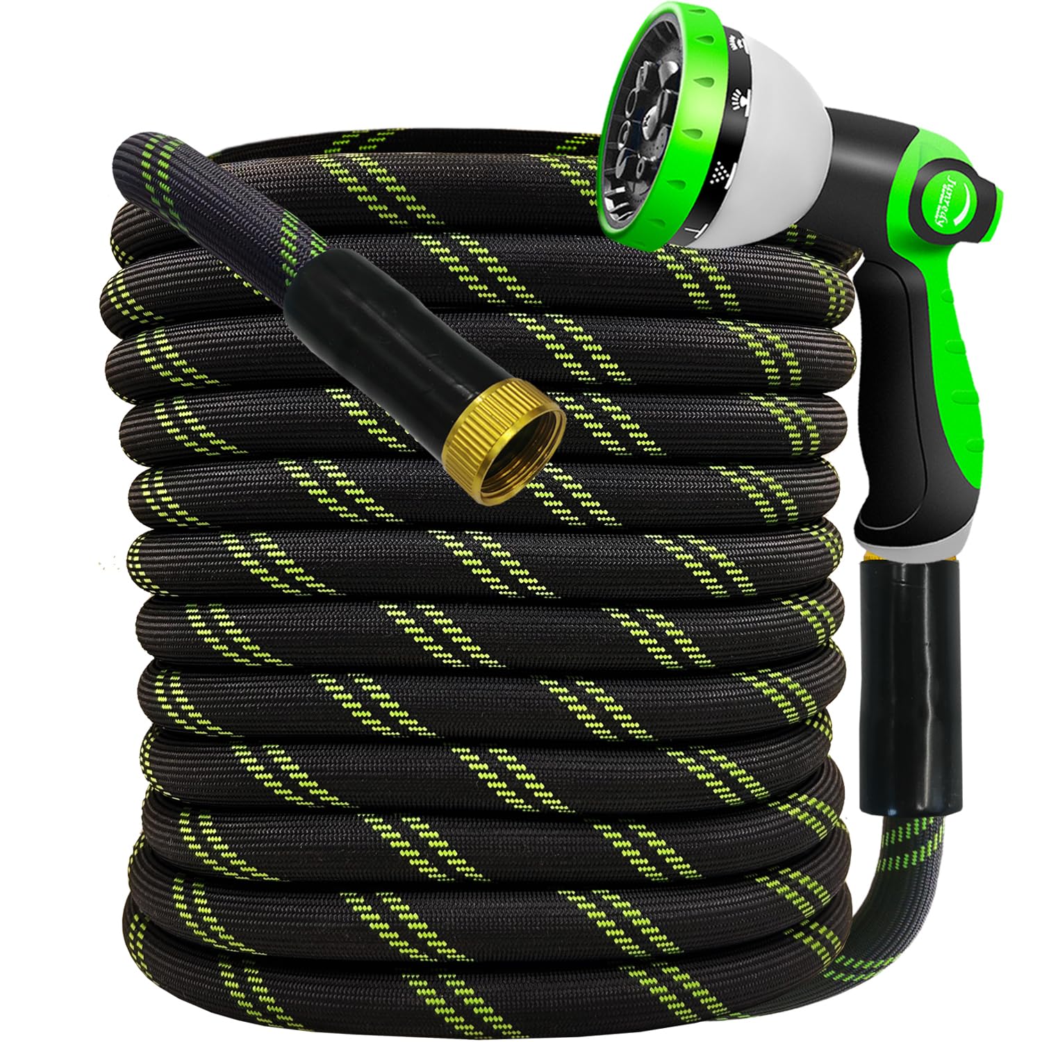 Junredy 25FT garden hose front view with 10-function nozzle