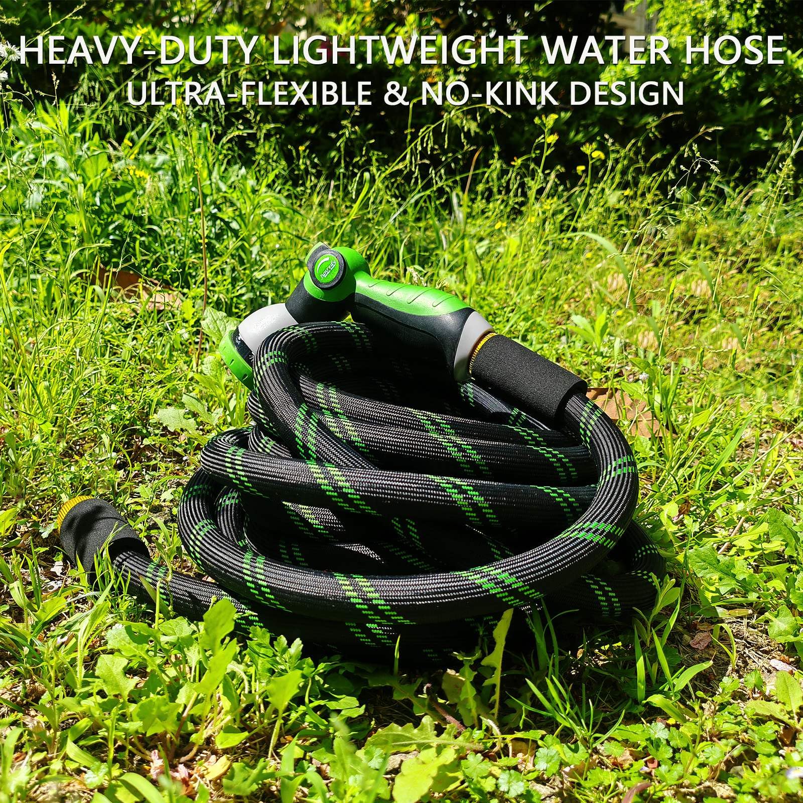 Junredy garden hose attached to a faucet in a garden