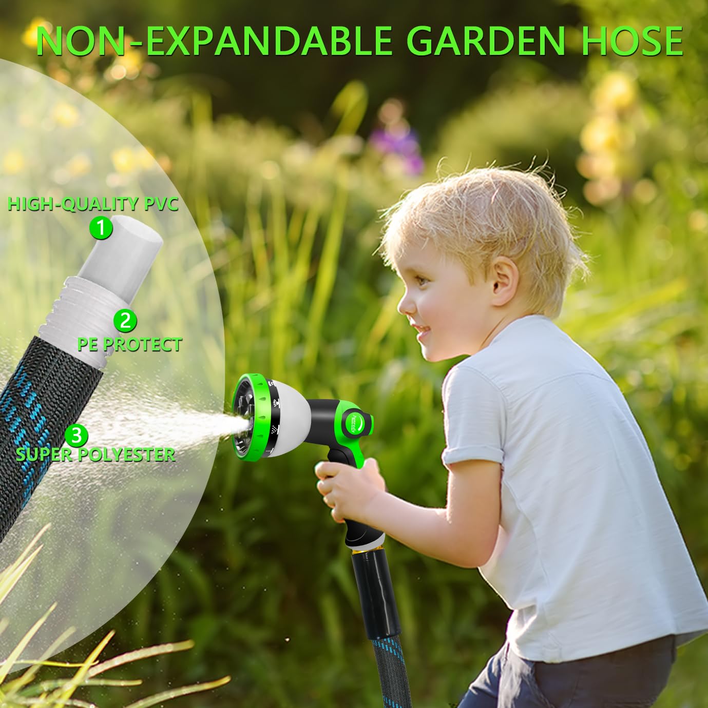 Junredy garden hose with 10-function spray nozzle close-up