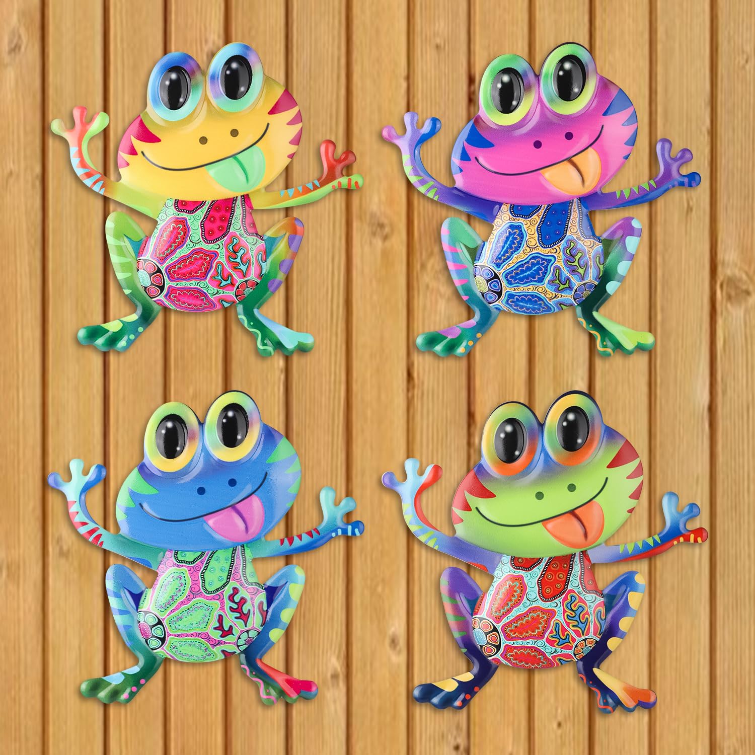 Junware Frog Wall Decor set of 4 colorful metal frogs on a wall