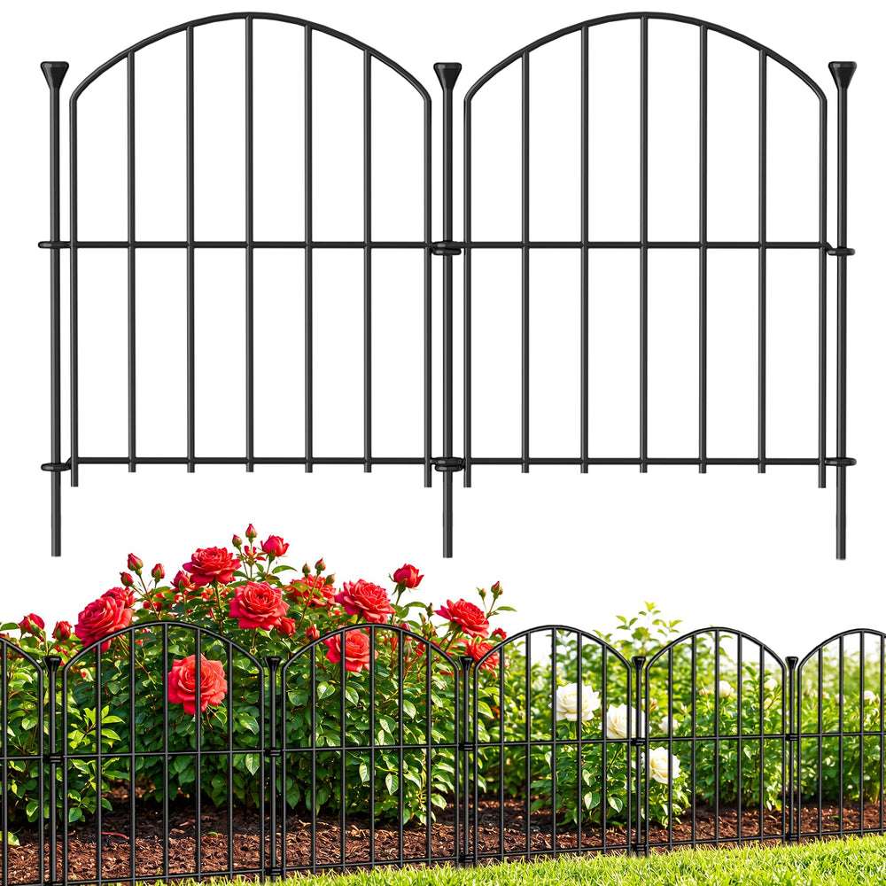 JUNYAO No Dig Garden Fence Panel front view, black iron finish