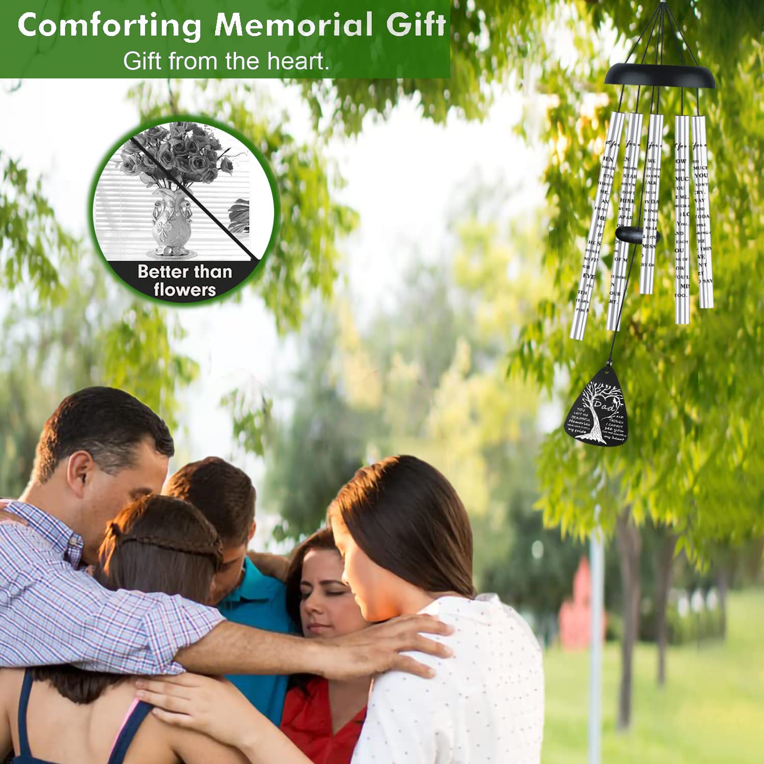 JUST FOR WIND Memorial Wind Chimes hanging in a garden