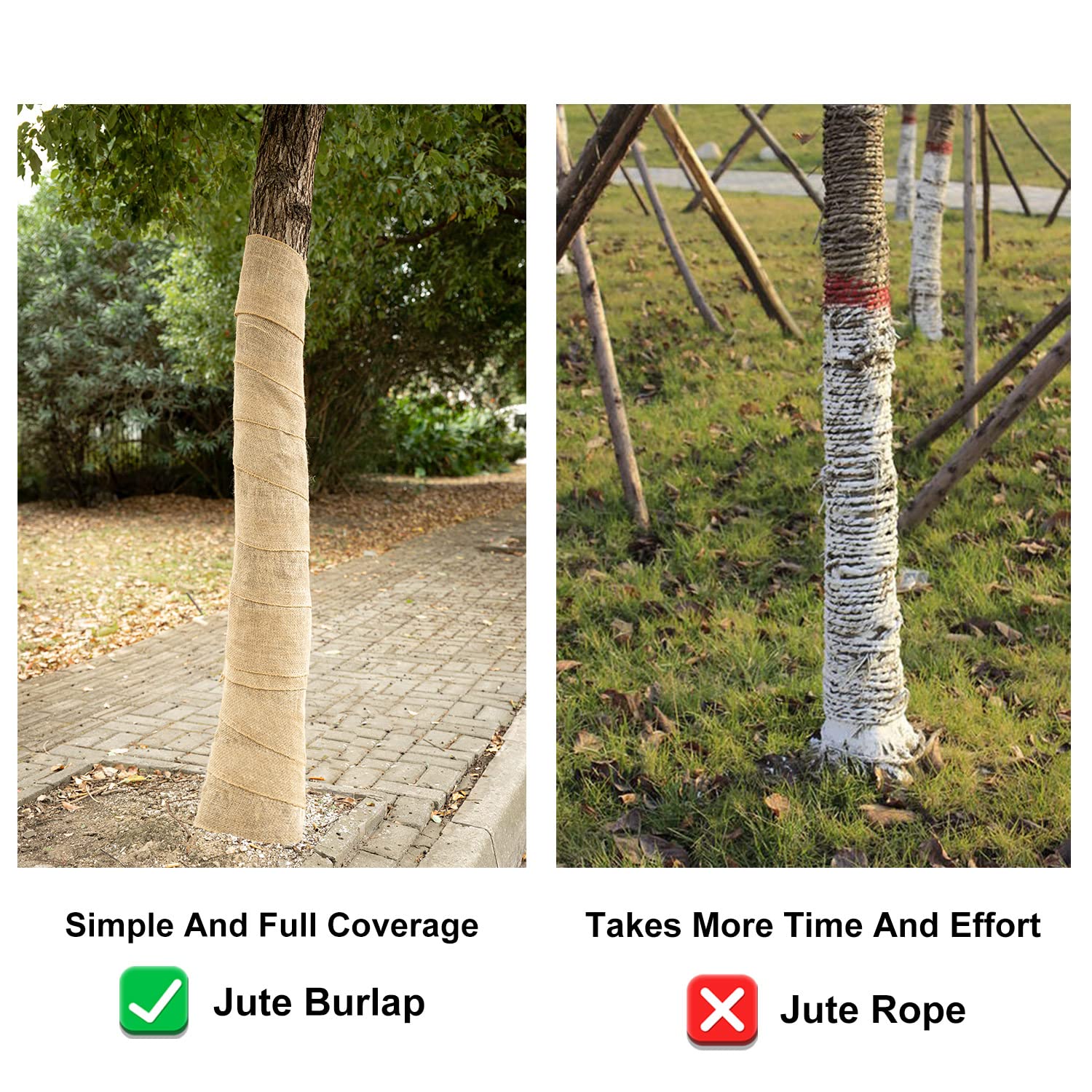 Jute burlap tree wrap showing breathable material