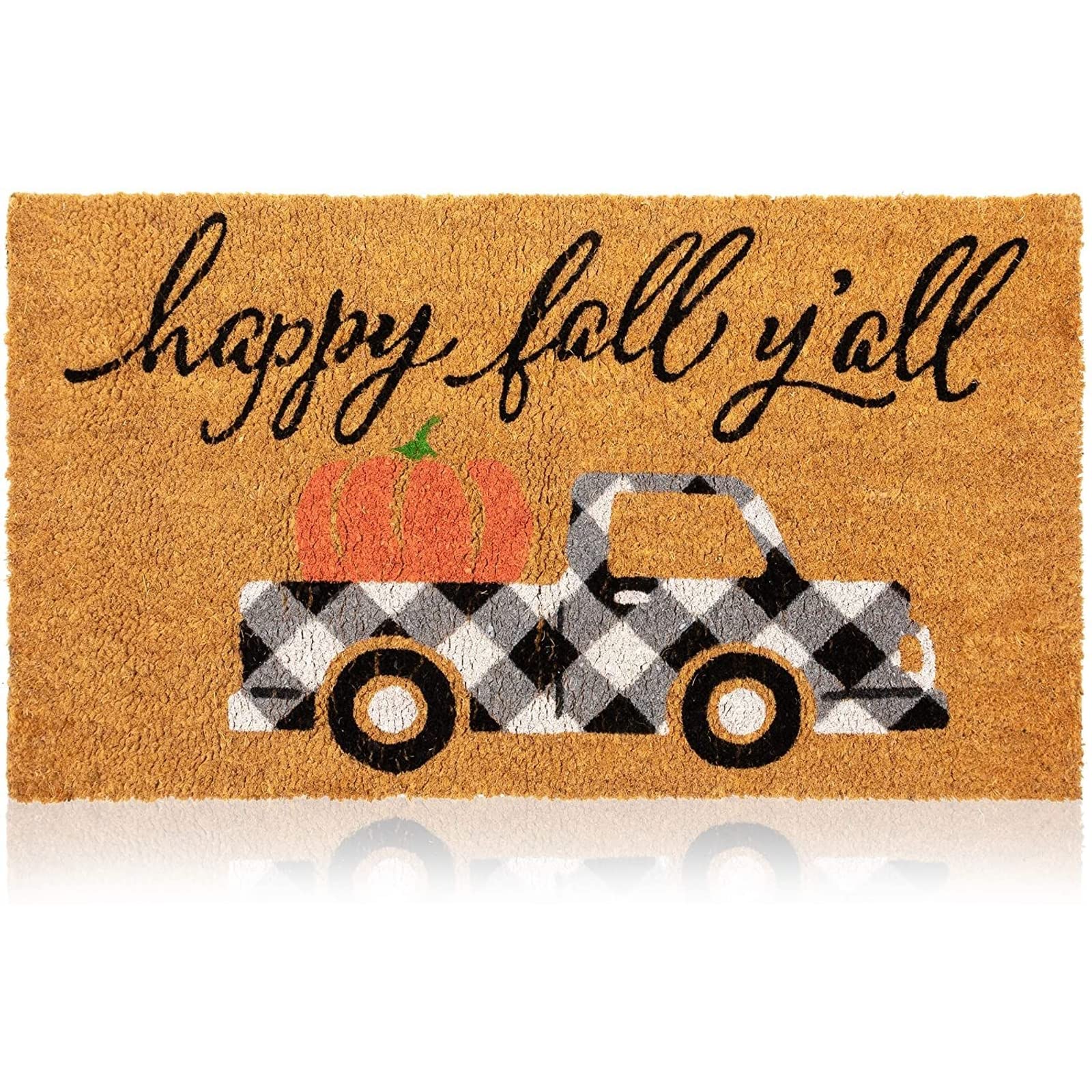 Juvale Coir Door Mat front view with pickup truck and pumpkin design