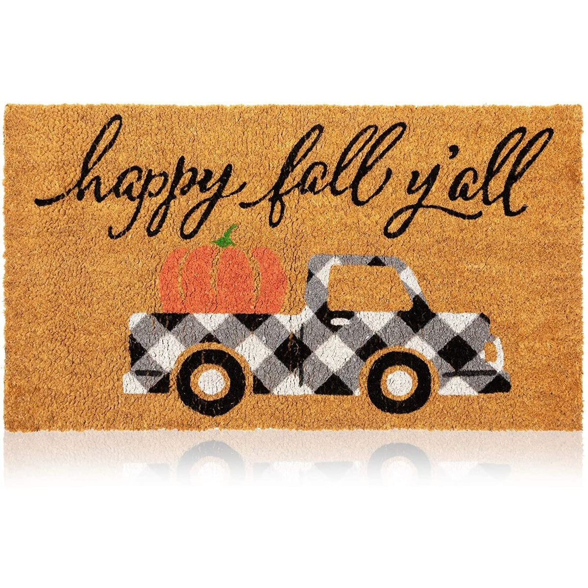 Juvale Coir Door Mat front view with pickup truck and pumpkin design
