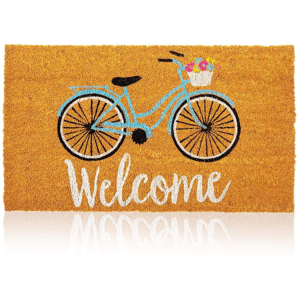 Juvale Coir Welcome Mat front view with bicycle design