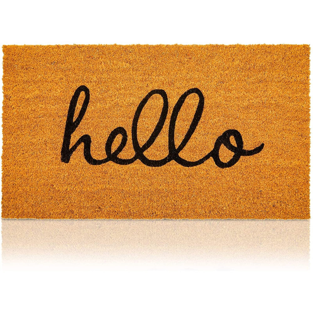 Juvale Hello Coir Doormat front view, brown low pile design