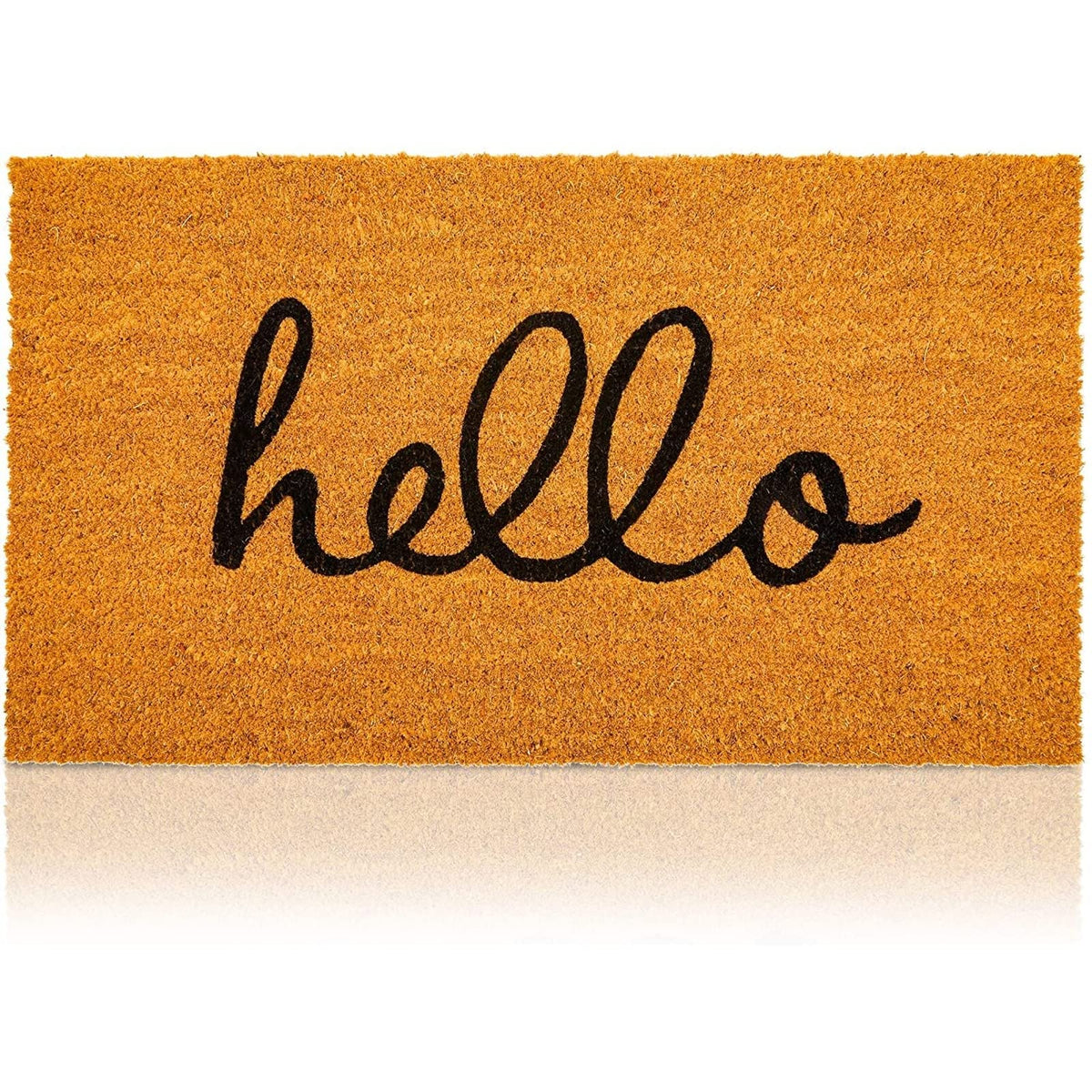 Juvale Hello Coir Doormat front view, brown low pile design