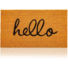 Juvale Hello Coir Doormat front view, brown low pile design