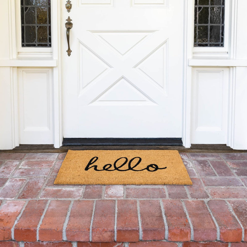 Juvale Hello Coir Doormat showing the PVC backing for stability