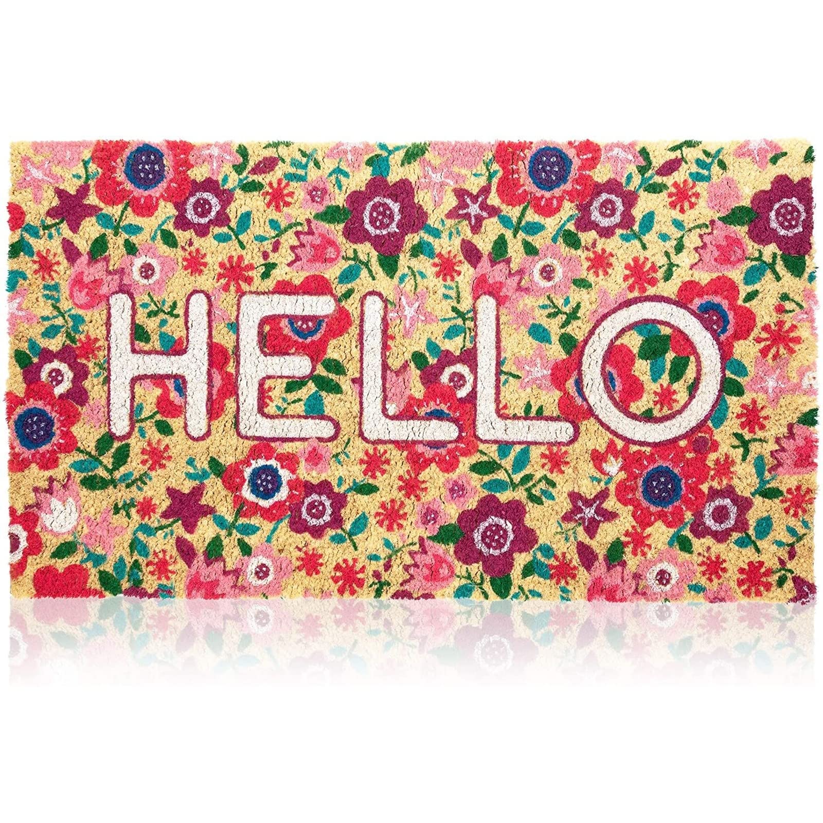 Juvale Natural Coir Welcome Mat floral design front view