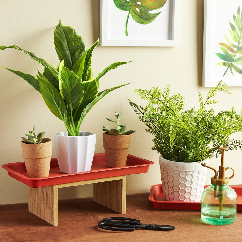 Juvale Rectangular Plastic Plant Tray - Terracotta Red, back view