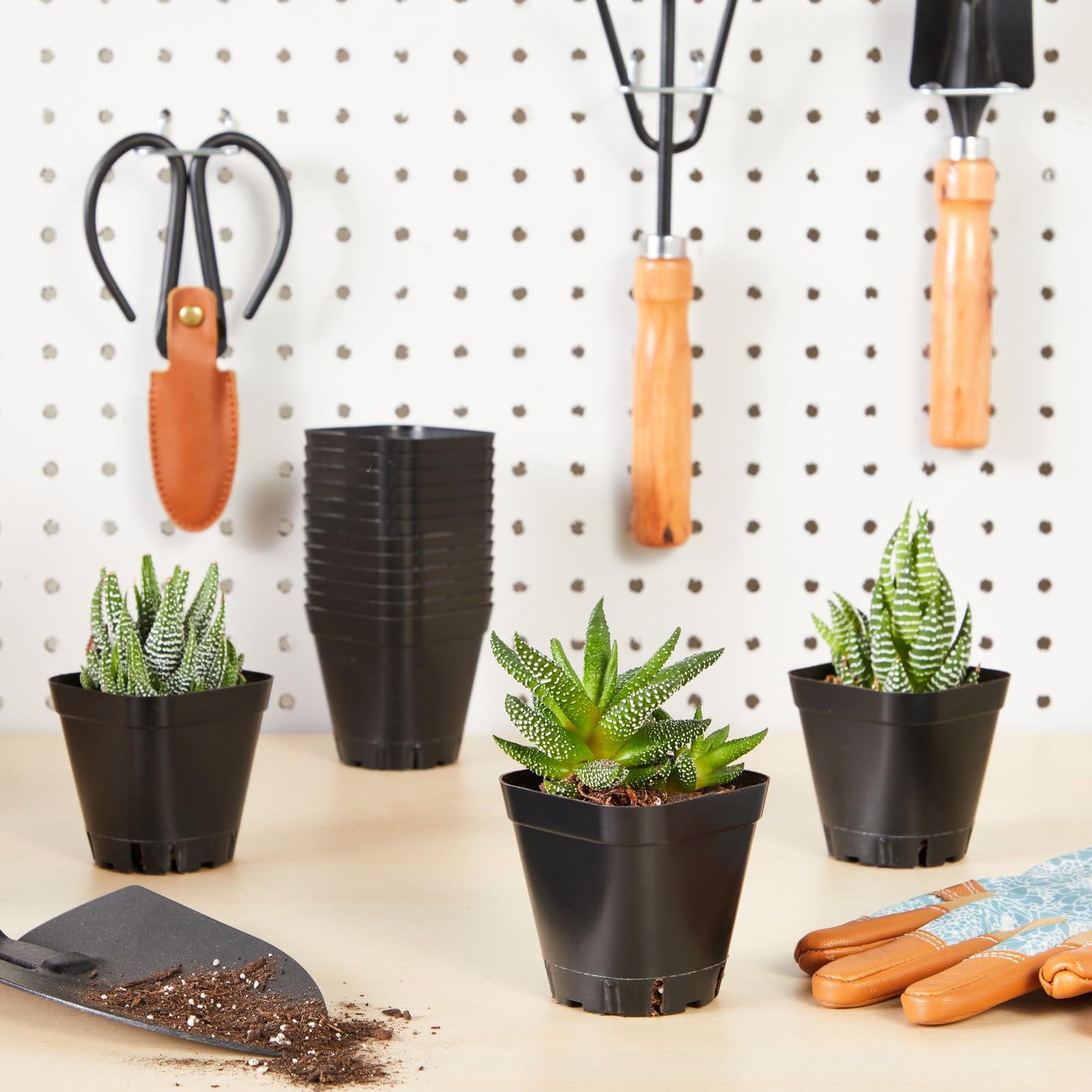 Juvale Square Nursery Pots stacked for space-saving storage