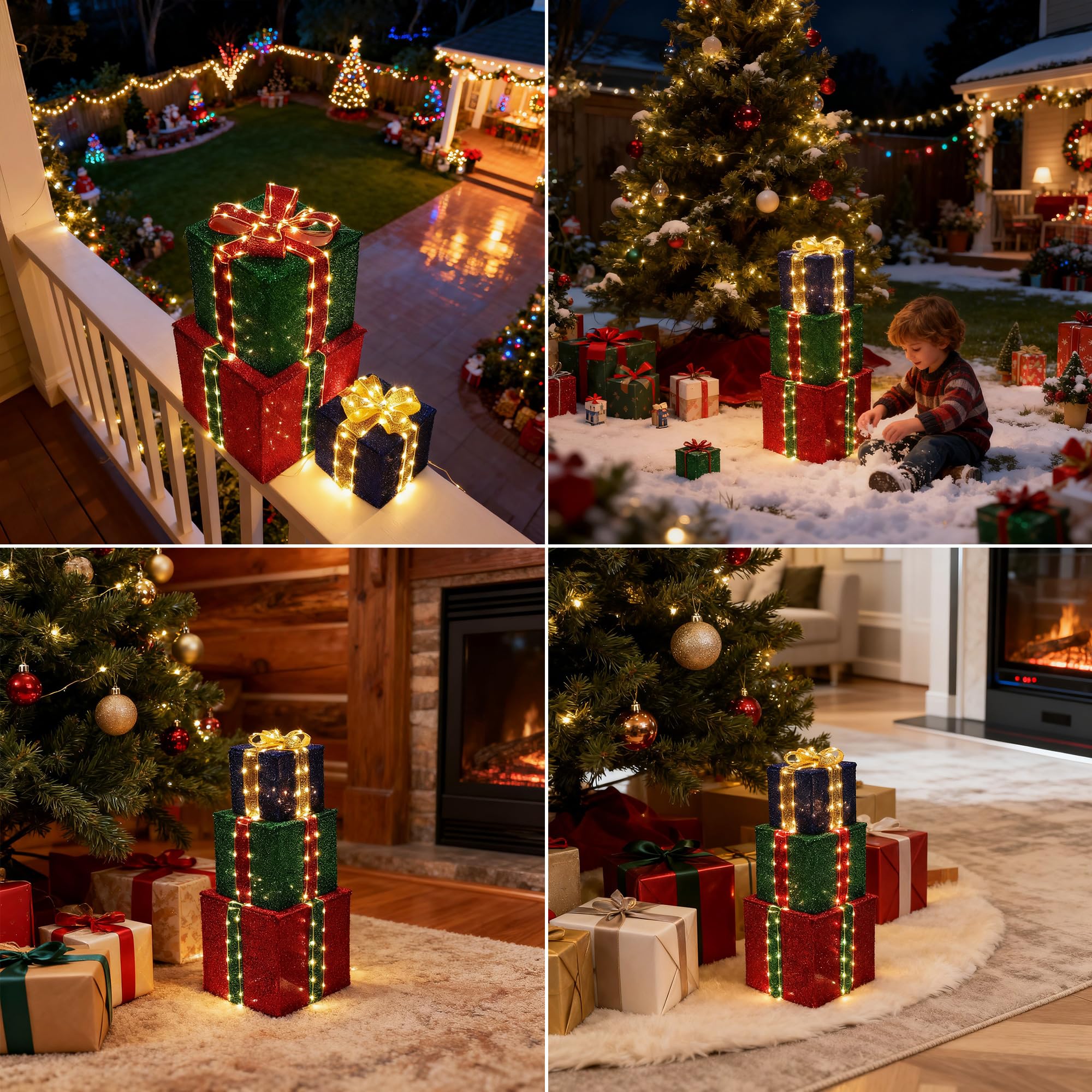 Jyoiat outdoor lighted gift boxes at night