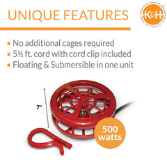 K&H Stock Tank Deicer showing the cord clip for secure placement