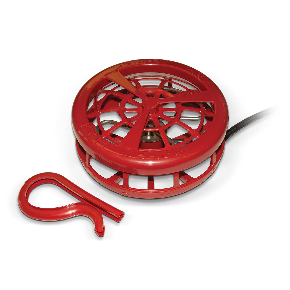 K&H Ultimate Stock Tank Deicer front view with protective cage, Red