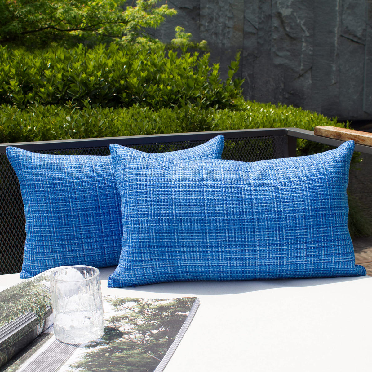 K KEVIN TEXTILE Outdoor Waterproof Lumbar Pillow Cover front view in blue