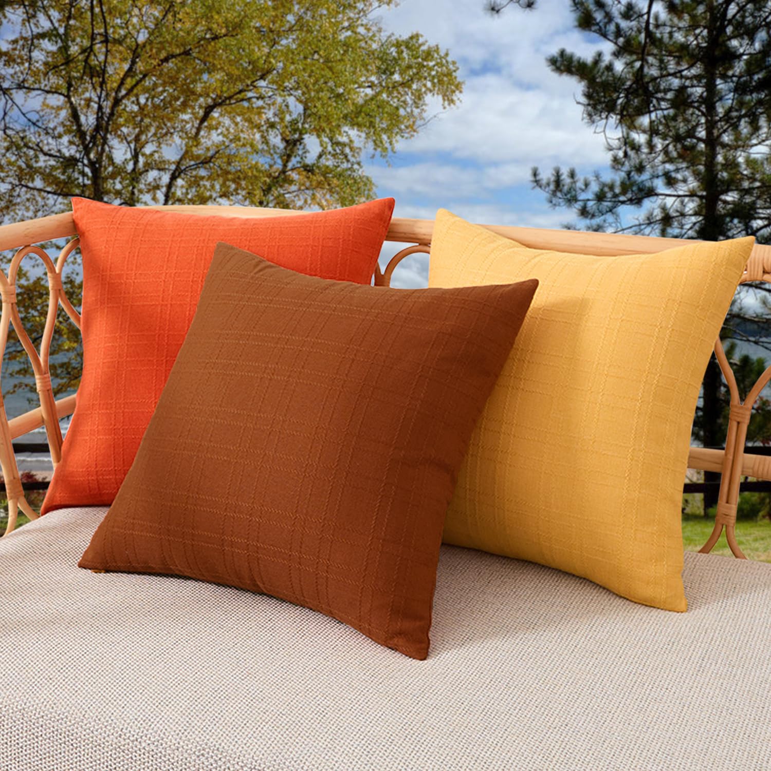 K KEVIN TEXTILE pillow covers styled on garden bench