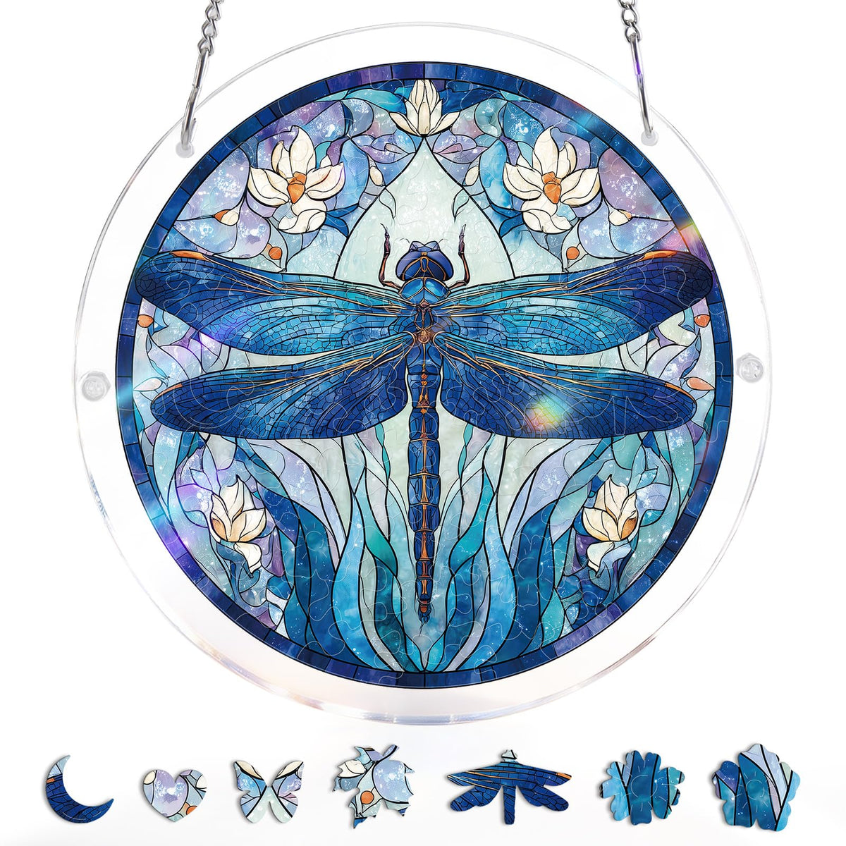 KaayeeWood Moonlit Dragonfly Suncatcher front view with vibrant colours