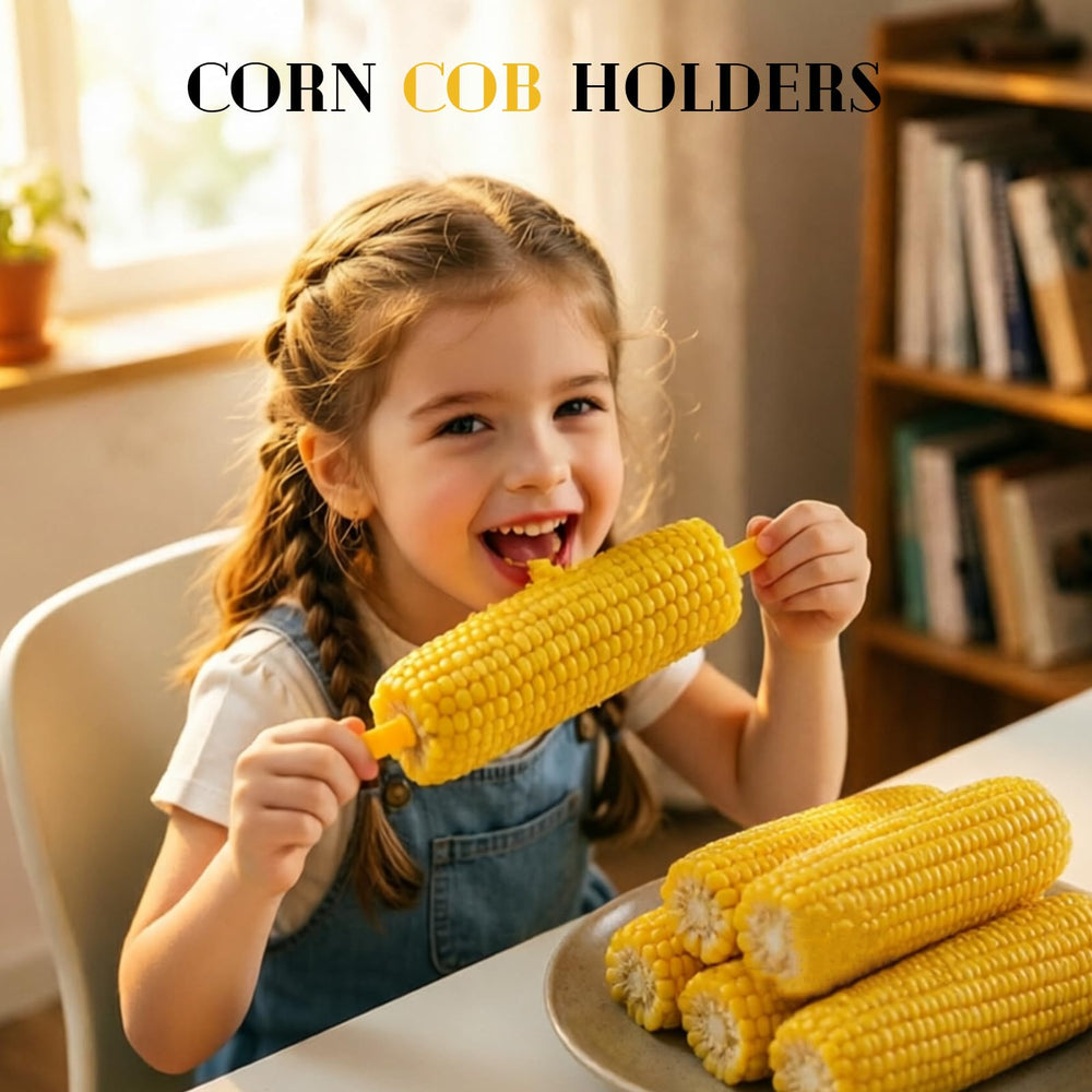 Kadden corn holder with corn on the cob, showcasing heat-safe design
