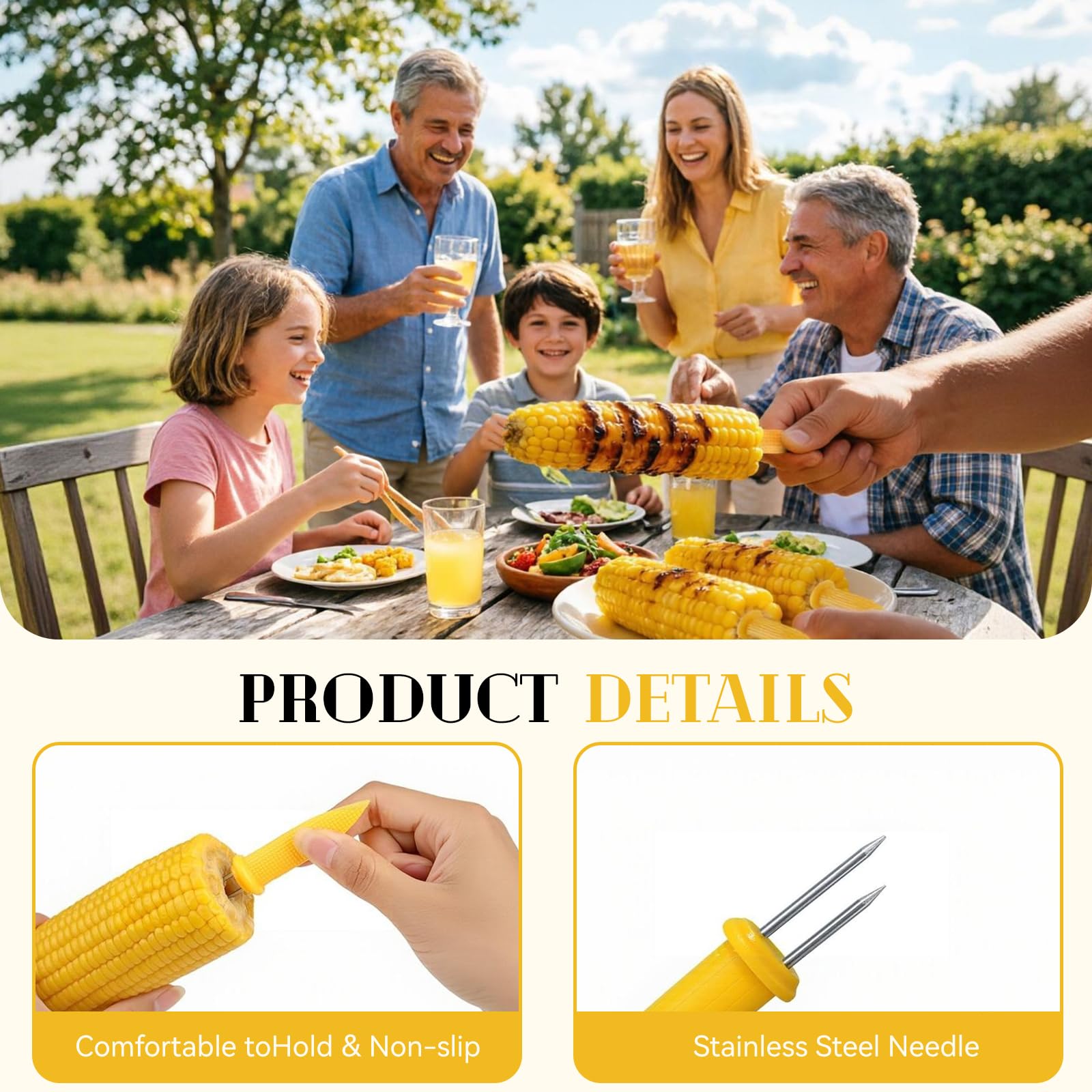 Kadden corn holders being used at a BBQ with corn on the cob