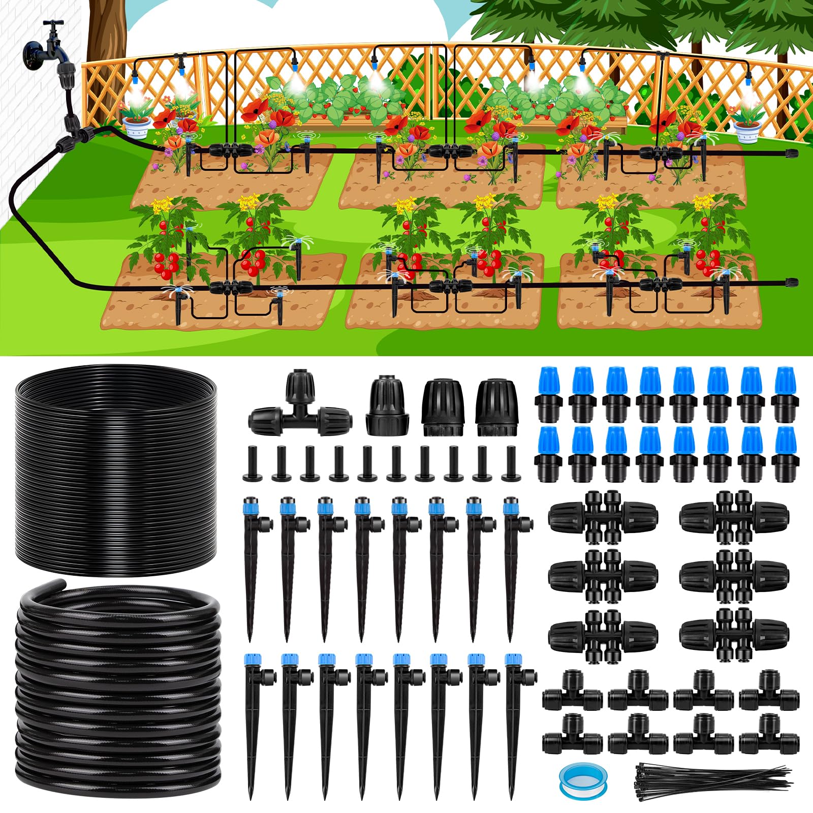 Kafuzi 230FT drip irrigation kit with various components laid out