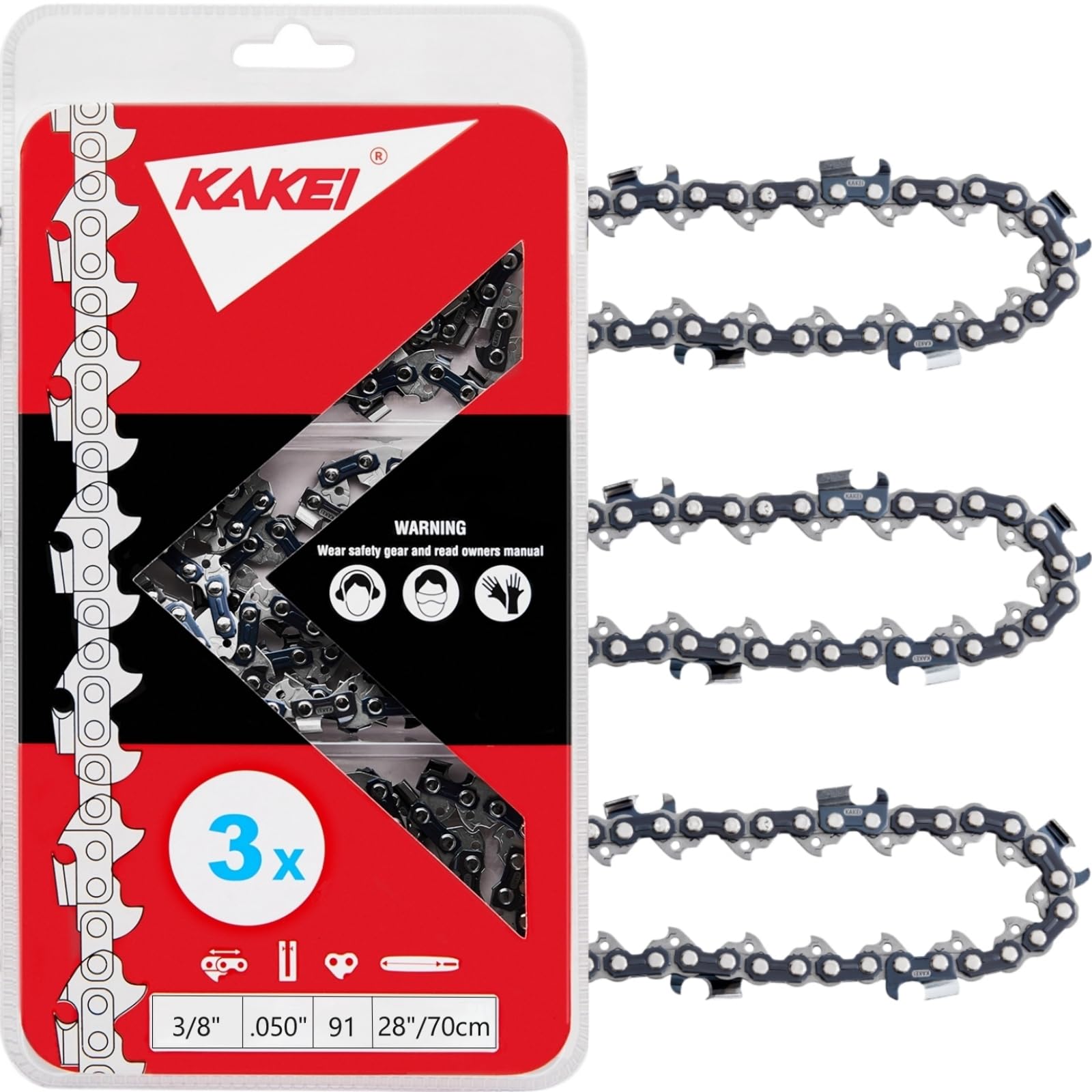KAKEI 28 Inch Chainsaw Chain pack of 3 front view