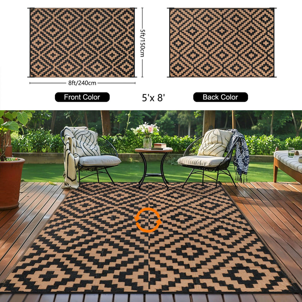 Kalafun Outdoor Patio Rug 5x8 ft rolled with straps for portability