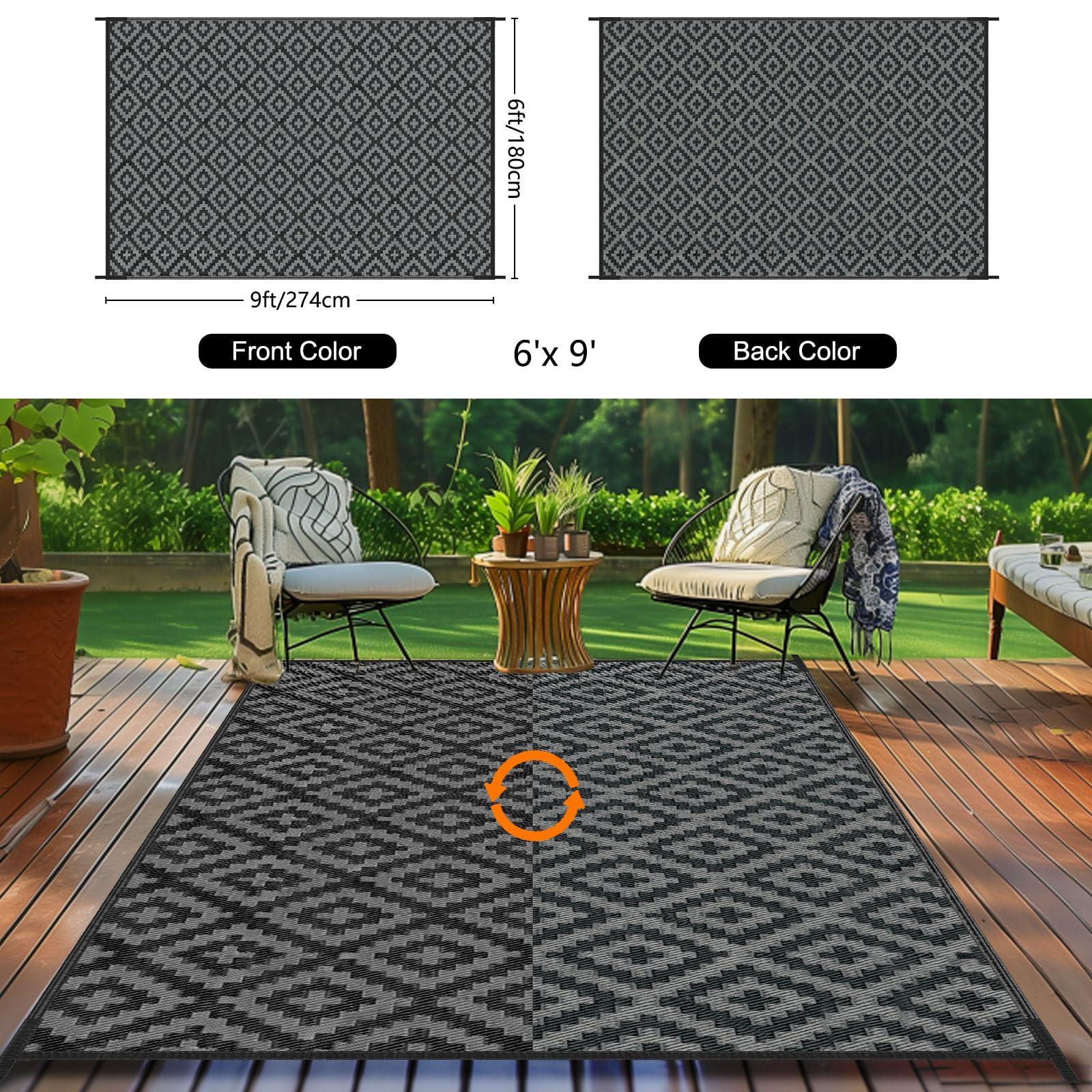 Kalafun Outdoor Patio Rug 6x9 ft on a patio setting