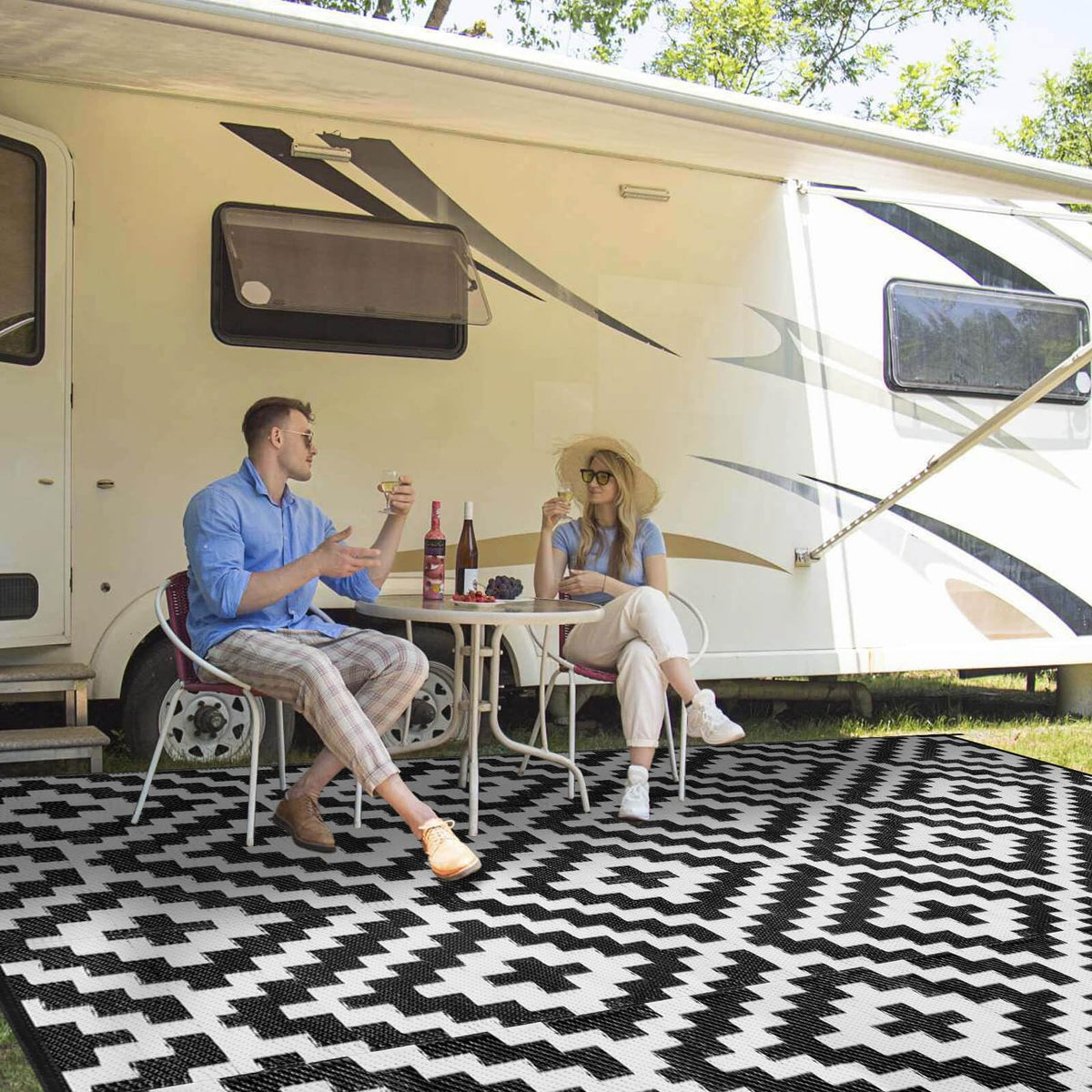 Kalafun Outdoor Patio Rug 8x10 ft front view with black and white pattern