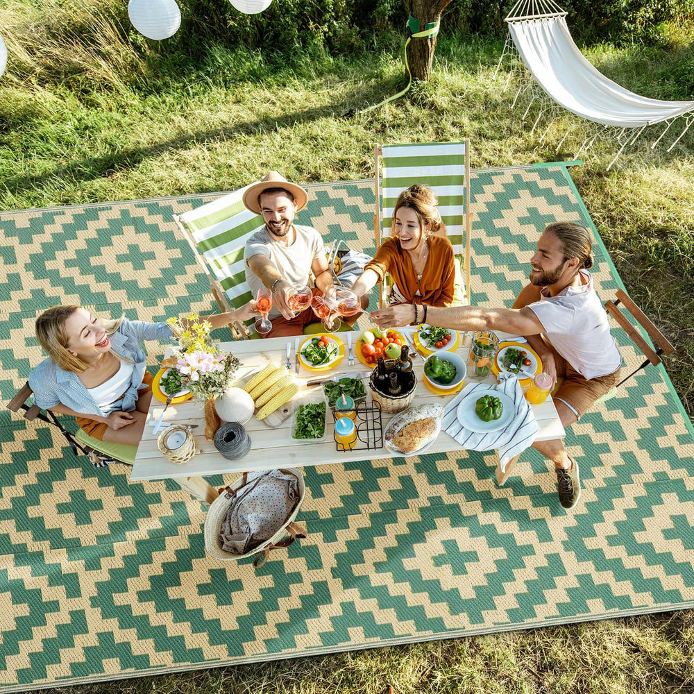 Kalafun Outdoor Patio Rug laid out under outdoor furniture